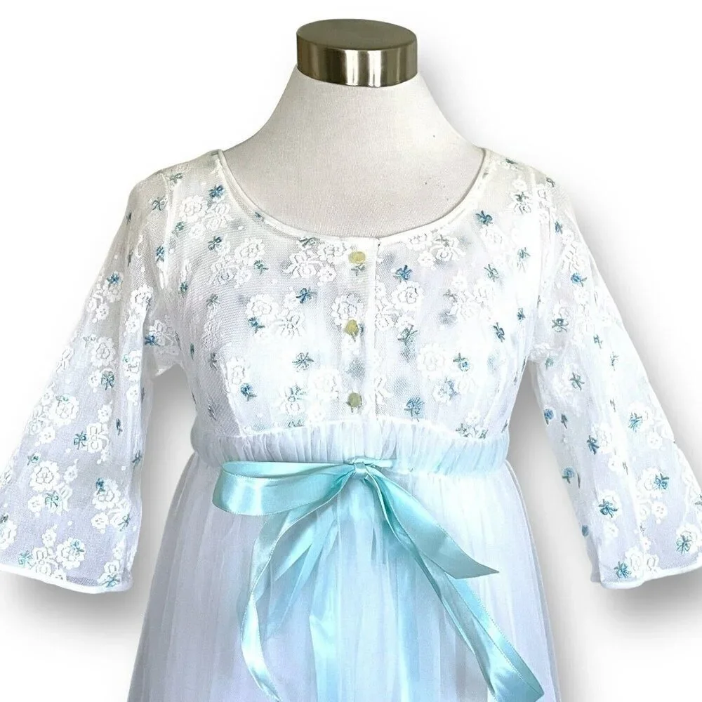 Vintage 1960s Miss Elaine Peignoir Set Sz P Petite White Blue Nylon Robe Gown